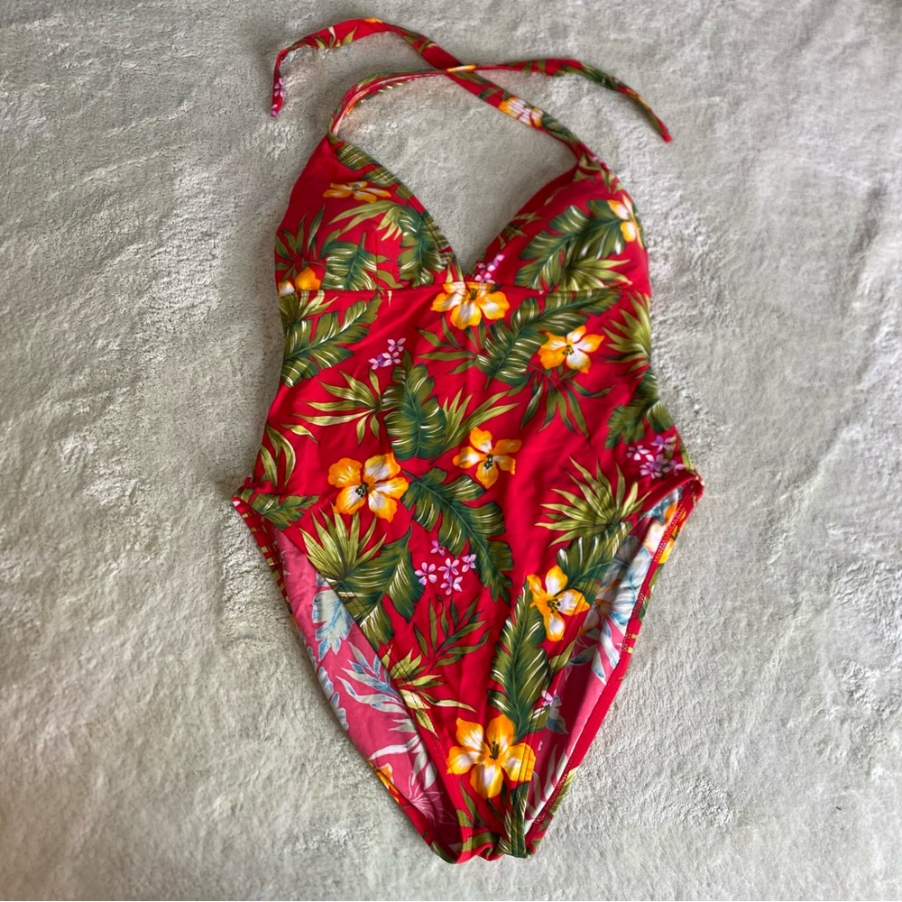Liquid Blue Red, Yellow, and Green One Piece Swimsuit Tropical Design | Size 16
